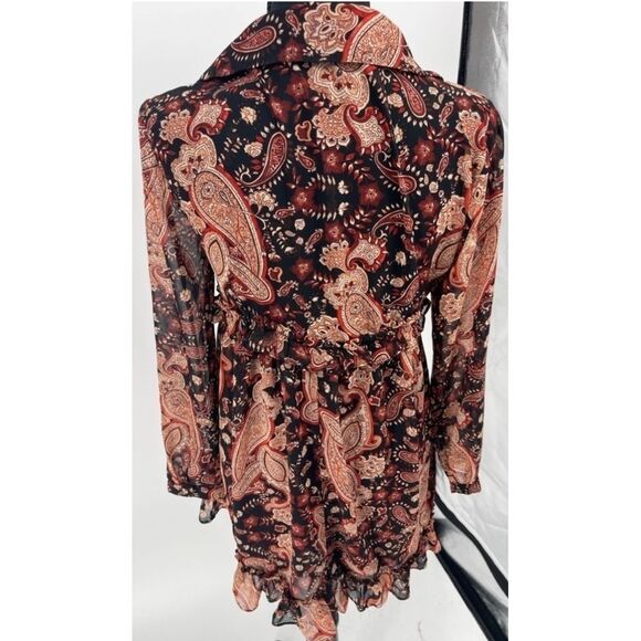 Vintage-Inspired Paisley Print Ruffle Hem Dress Boho Chic Long Sleeve - Picture 3 of 4